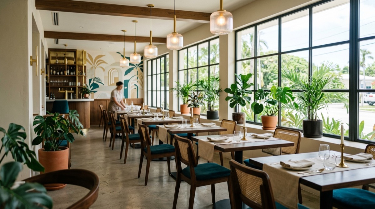Comedor de un restaurante moderno preparándose antes de la apertura en Santo Domingo