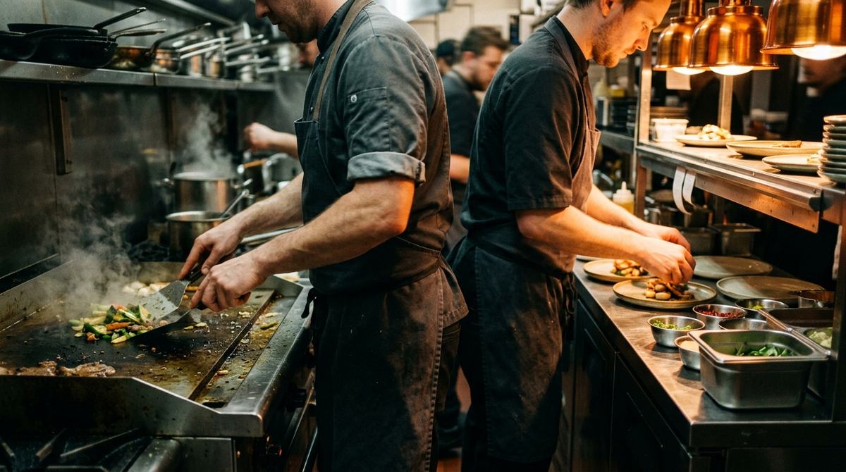 Dos cocineros trabajando espalda con espalda en una línea estrecha durante el servicio, uno en la plancha y otro montando en el pase