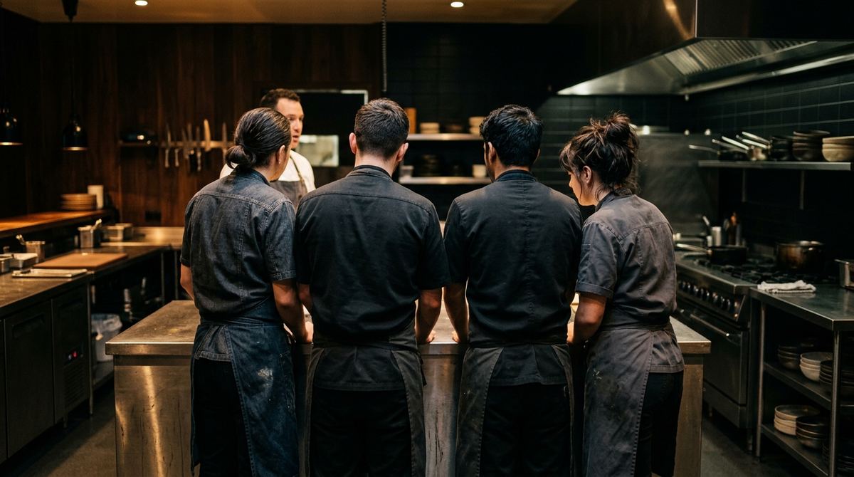 Equipo de cuatro cocineros reunido de espaldas alrededor del pase de acero de una cocina oscura antes de empezar el servicio