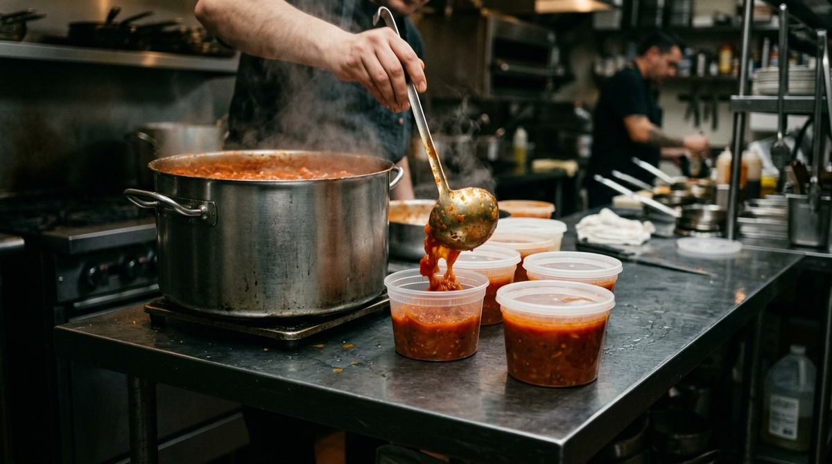 Tanda de sofrito recién hecho en una olla de acero siendo porcionada con cucharón en envases transparentes sobre la mesa de una cocina oscura