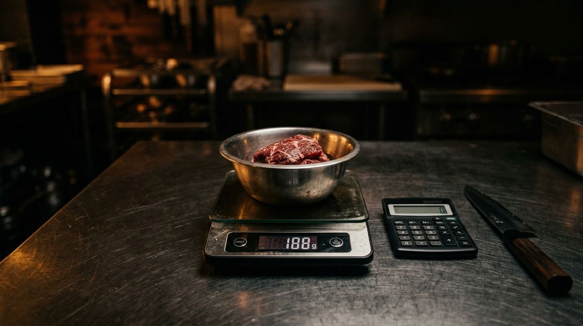 Báscula digital pesando carne de res porcionada en un bol de acero, junto a una calculadora y un cuchillo, sobre la mesa de trabajo de una cocina oscura