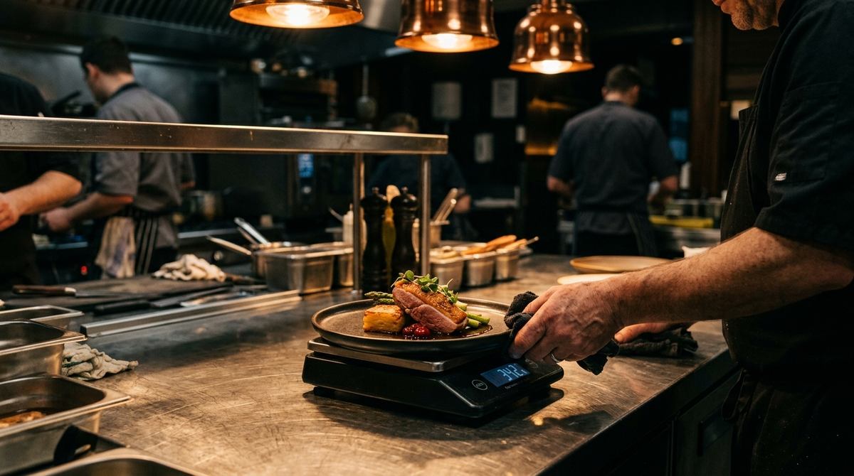 Plato ya montado sobre una báscula digital en el pase de una cocina oscura durante el servicio, con la brigada trabajando al fondo