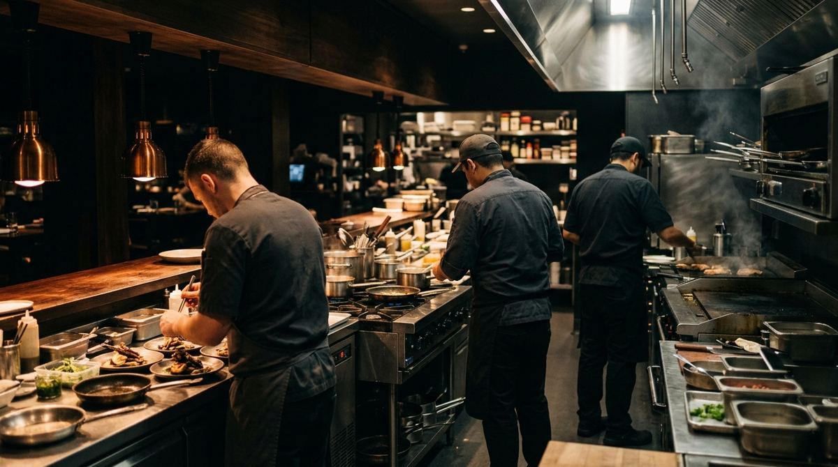 Brigada de tres cocineros trabajando cada uno en su estación a lo largo de la línea de una cocina profesional oscura