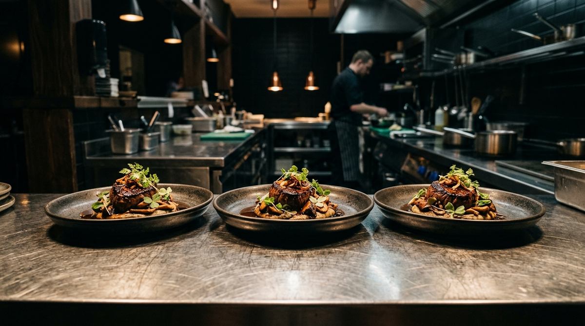 Tres platos idénticos alineados en el pase de acero de una cocina oscura, montados exactamente igual
