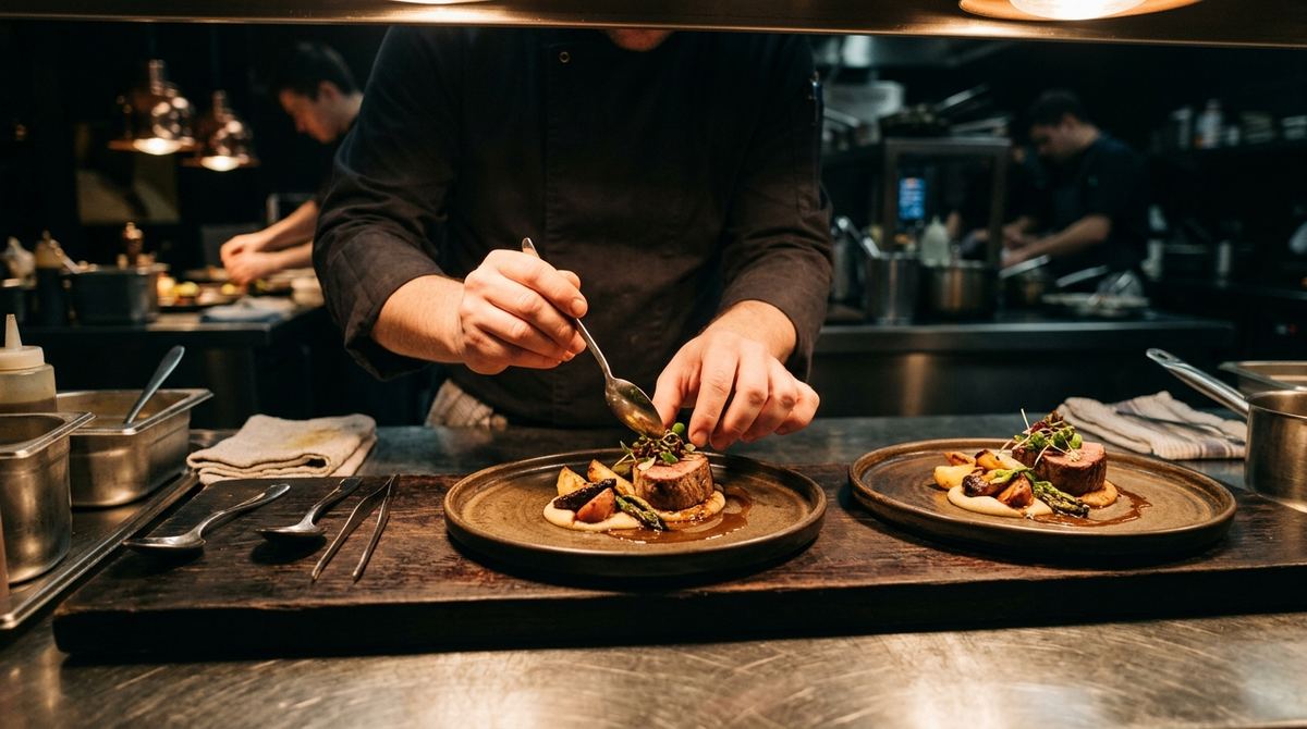 Manos de un cocinero emplatando con precisión en el pase de una cocina oscura, con un segundo plato montado exactamente igual al lado