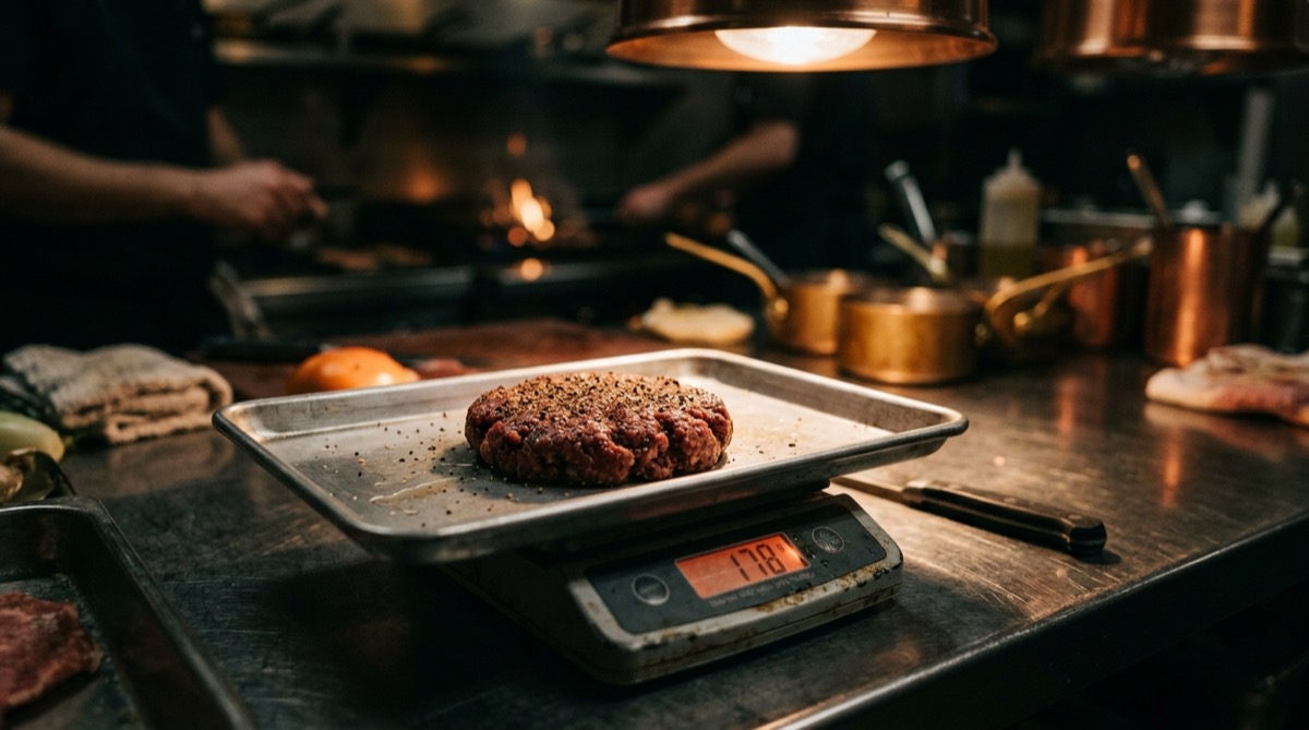 Balanza digital pesando una hamburguesa de res cruda en una cocina profesional oscura, marcando los gramos de la porción