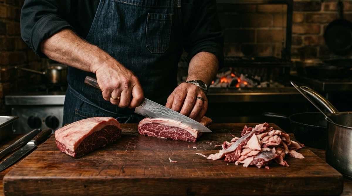 Chef limpiando la grasa y los nervios de un corte de res importada sobre una tabla de madera, con los recortes de merma al lado