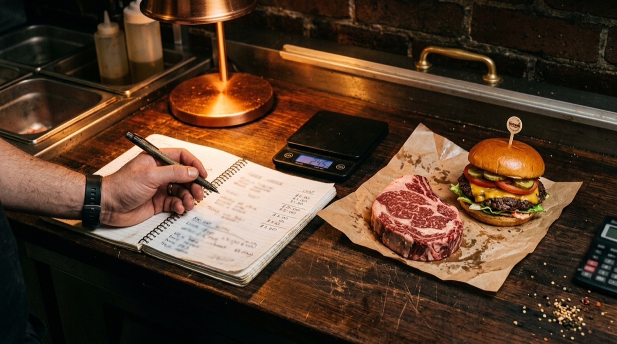 Chef calculando el food cost en una libreta junto a una balanza, un corte de res y una hamburguesa en una cocina cálida y oscura