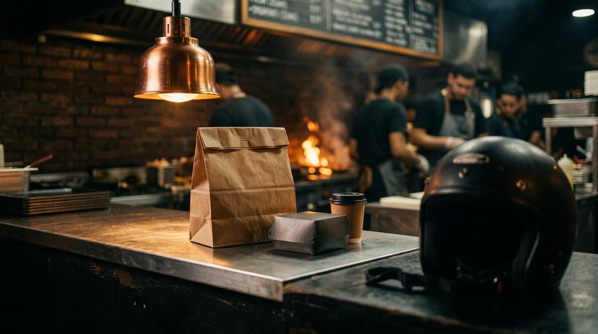 Bolsa de papel kraft y caja de hamburguesa listas para delivery sobre el mostrador de acero de una cocina, con un casco de motorista al lado