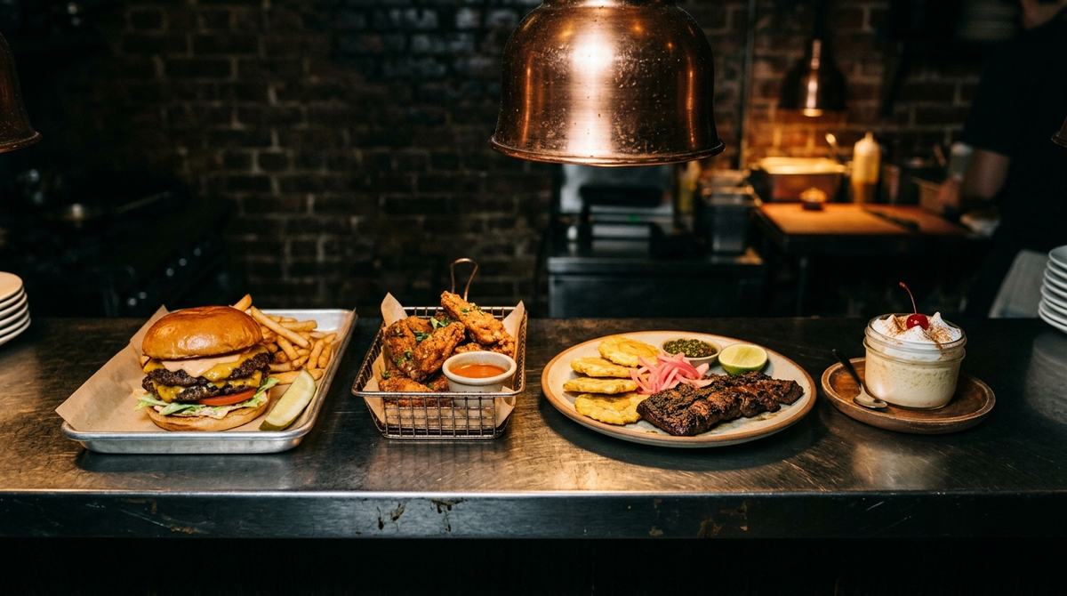 Cuatro platos de una carta de hamburguesería alineados en el pase de una cocina oscura: hamburguesa, alitas, carne asada con tostones y un postre