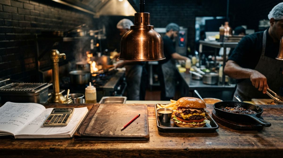 Carta de restaurante, libreta con columnas, calculadora y lápiz rojo sobre una mesa de madera en el pase de una cocina oscura, junto a una hamburguesa