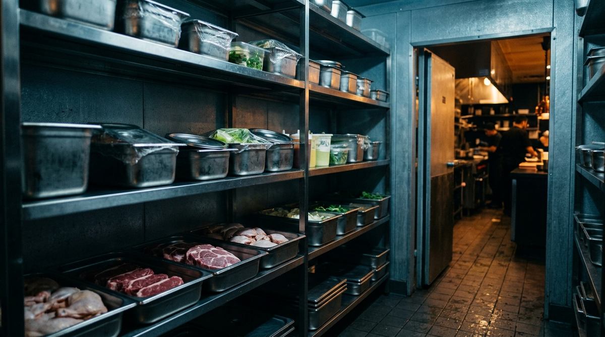 Interior de una cámara refrigerada con las proteínas crudas en los estantes bajos y los elaborados tapados en los altos, claramente separados