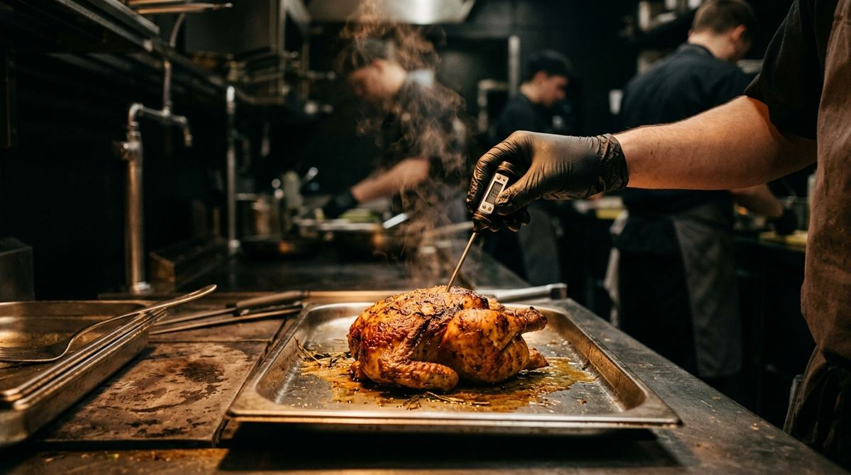 Mano con guante introduciendo un termómetro de sonda en una pieza de pollo asado sobre una bandeja de acero en una cocina profesional oscura