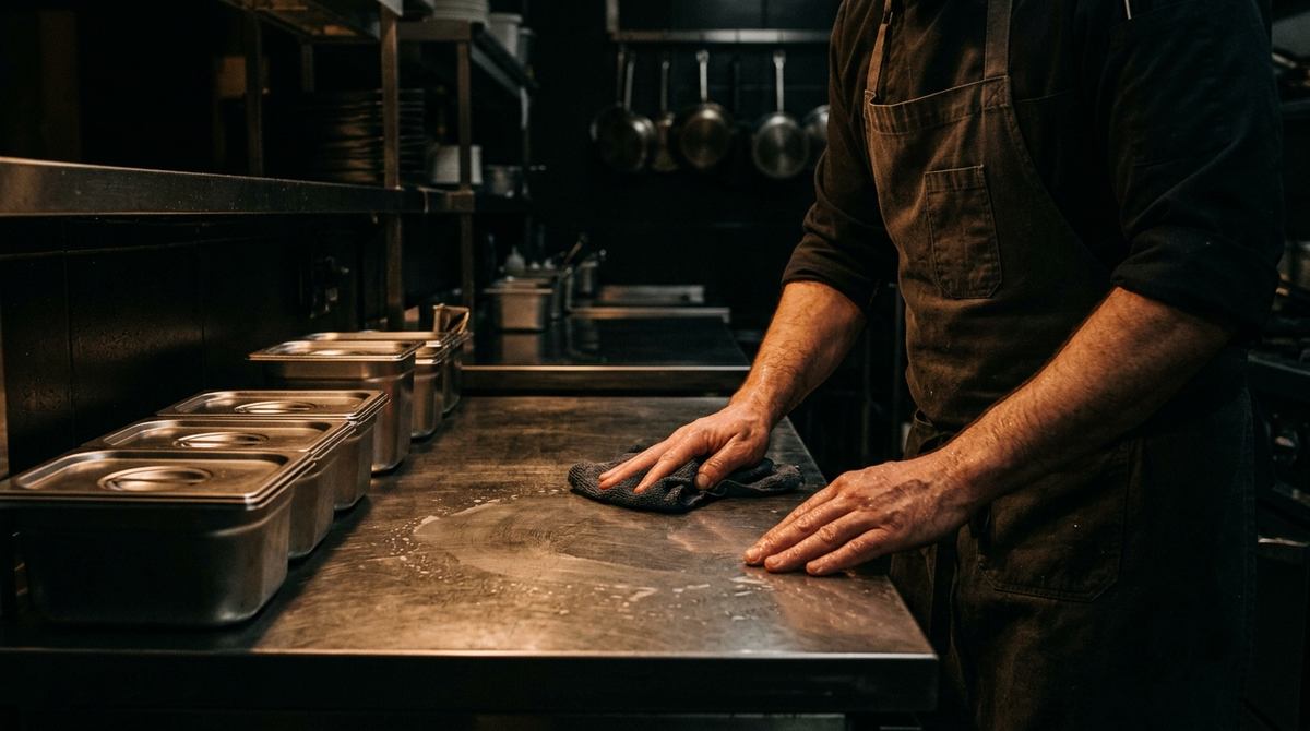 Manos de un cocinero cerrando su estación al final del servicio: limpiando la superficie de acero con los recipientes ya tapados y ordenados