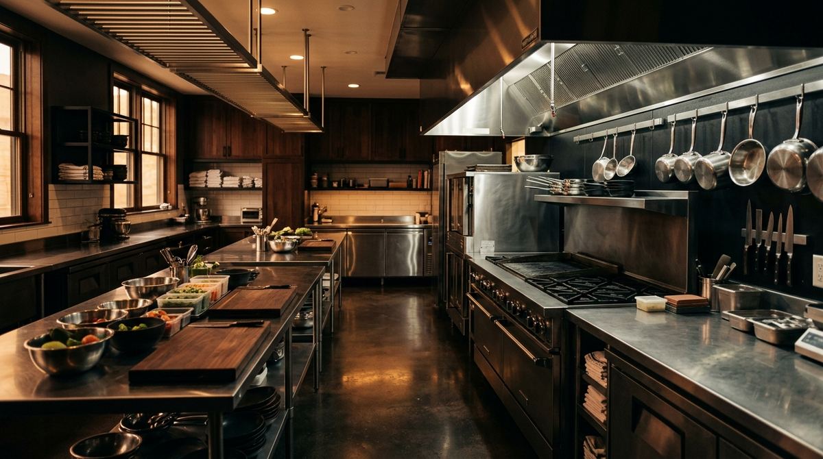 Cocina profesional vacía y ordenada antes de abrir, con las estaciones montadas y el acero limpio bajo luz cálida baja