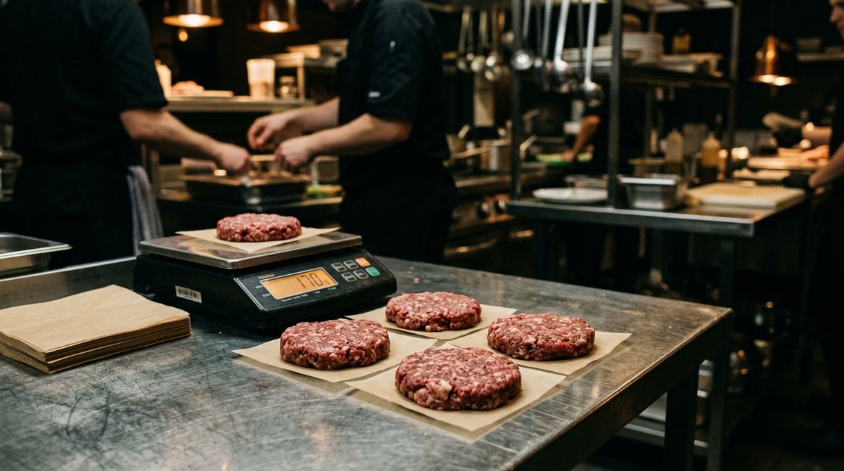 Discos de carne molida recién porcionados sobre papel encerado junto a una báscula digital en una mesa de acero inoxidable