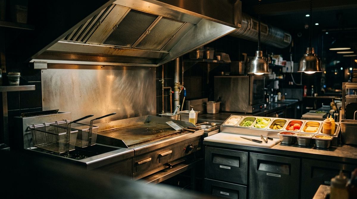 Línea de cocina de una hamburguesería: plancha de acero, freidora con canastas, campana extractora y mesa fría con los ingredientes montados