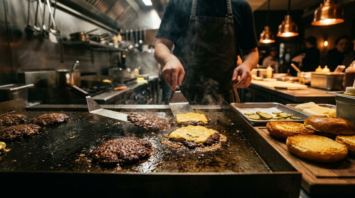 Discos de carne smash dorándose sobre una plancha de acero gruesa en una cocina oscura, con panes brioche tostados esperando al lado