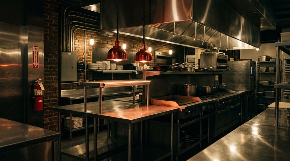 Cocina profesional de acero inoxidable impecable, con extintor en la pared, lista para la inspección sanitaria