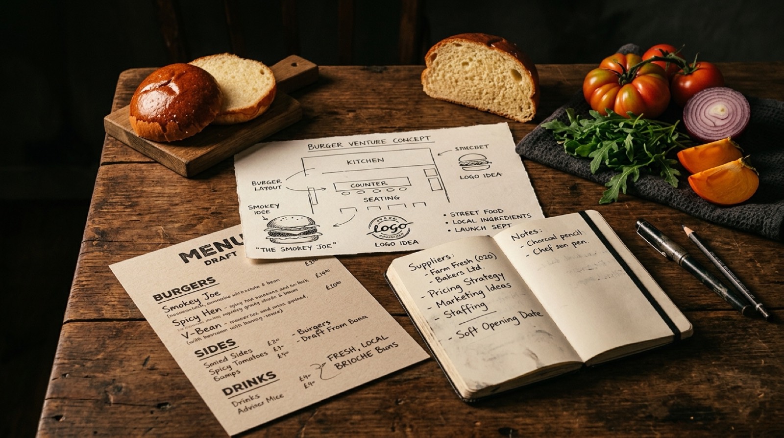 Concepto de un nuevo negocio de hamburguesas: plano del local, borrador de carta y notas de proyecto sobre mesa de madera