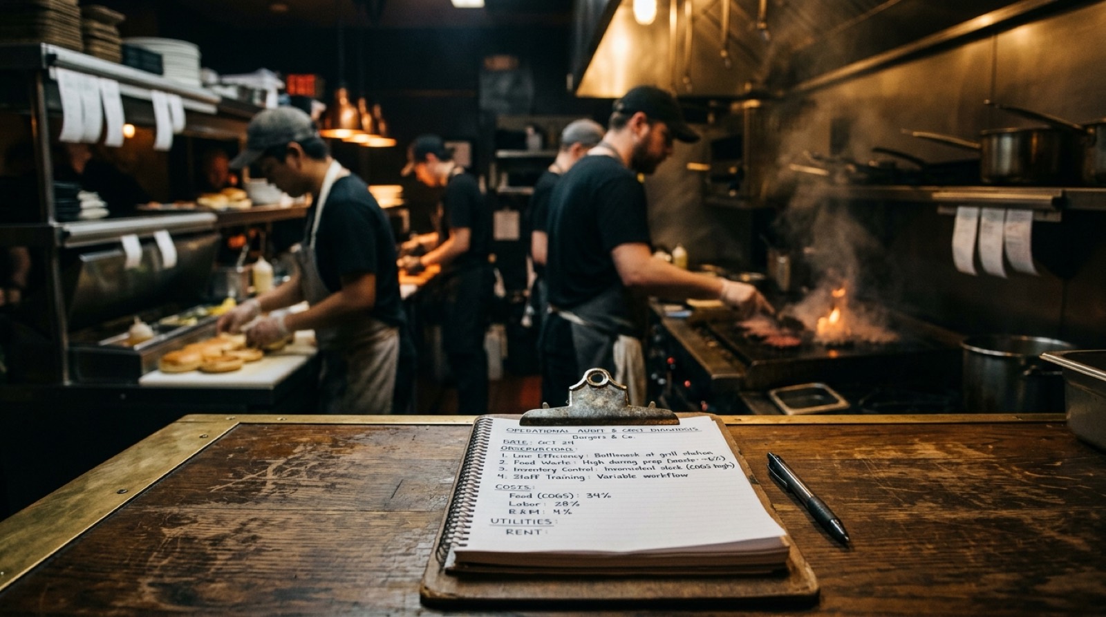Auditoría operativa y de costos con la línea de cocina de hamburguesas trabajando al fondo
