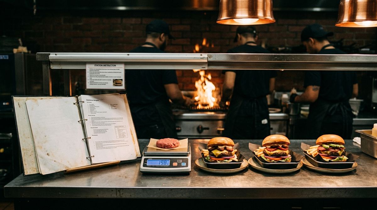 Manual de recetas abierto junto a una balanza con la porción pesada y tres hamburguesas idénticas en el pase de una cocina, como muestra de estandarización entre locales