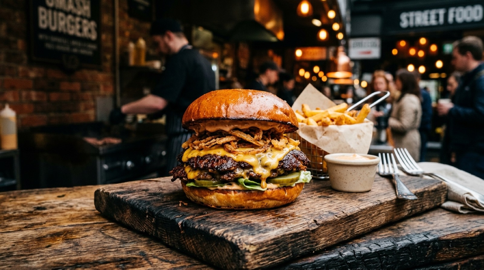 Hamburguesa de autor de Valerio: pan brioche, carne a la parrilla, queso y onion crispy, servida en un puesto de street food