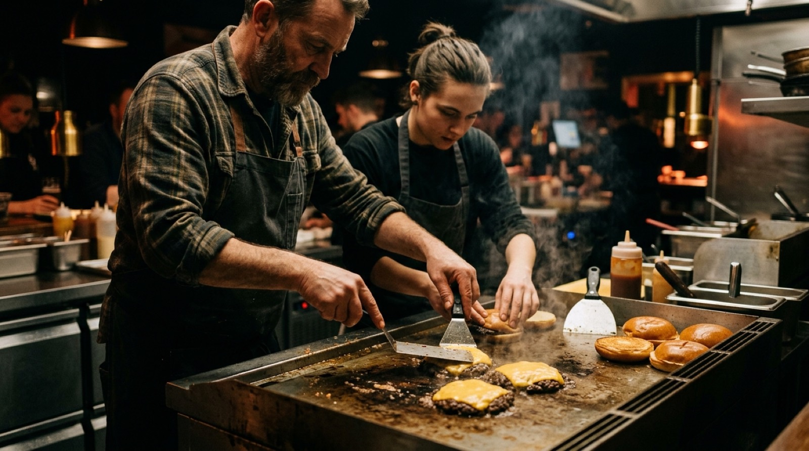 Andrés guiando a un cocinero en la plancha de hamburguesas durante una sesión de mentoría