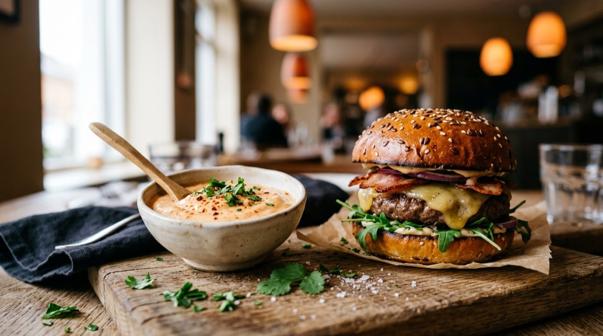 Cuenco de mayonesa chipotle cremosa junto a una hamburguesa casera
