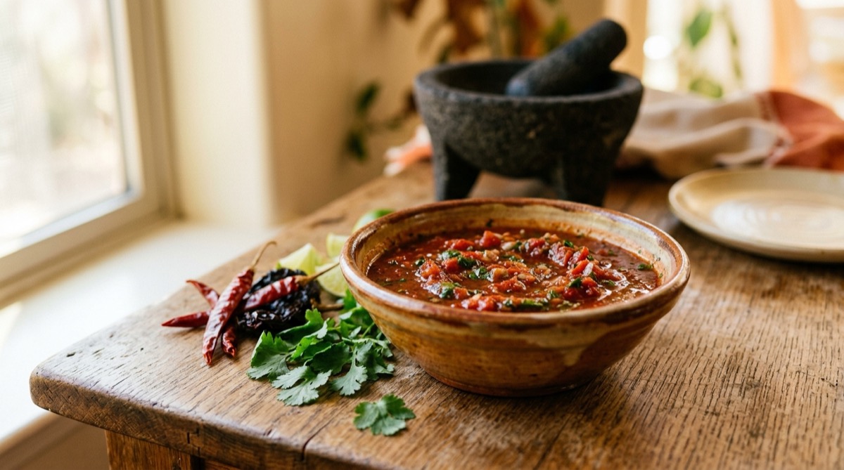 Cuenco de salsa roja para tacos con chiles secos y cilantro fresco al lado