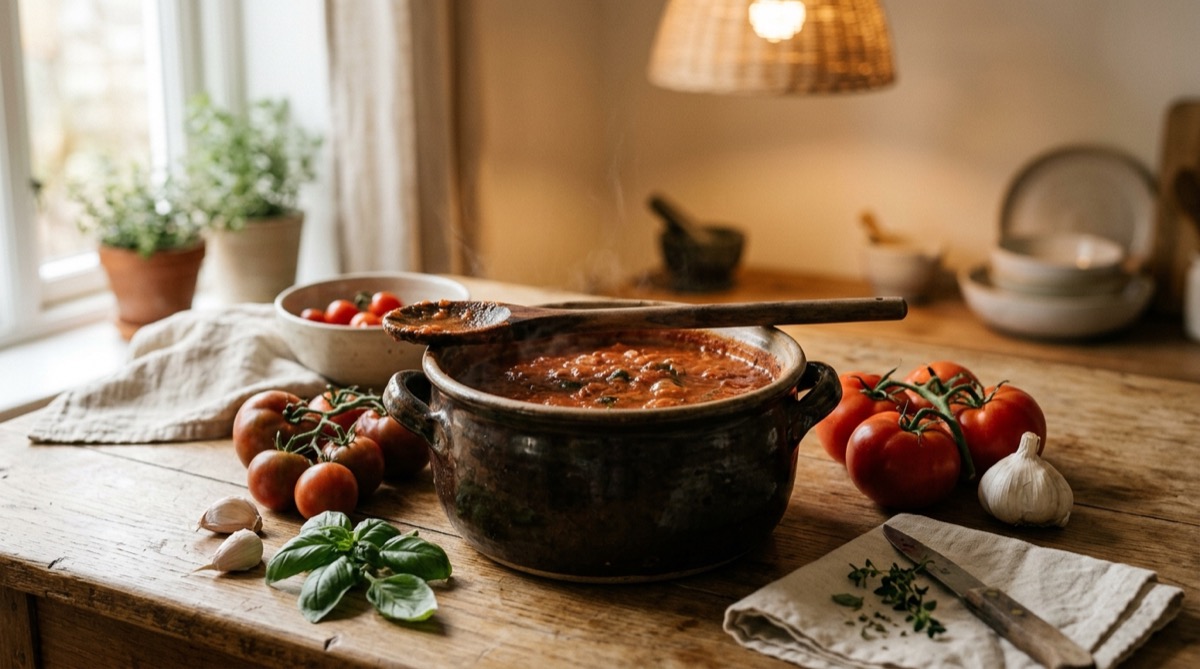 Salsa de tomate casera recién hecha en una cazuela, con tomates frescos y albahaca alrededor