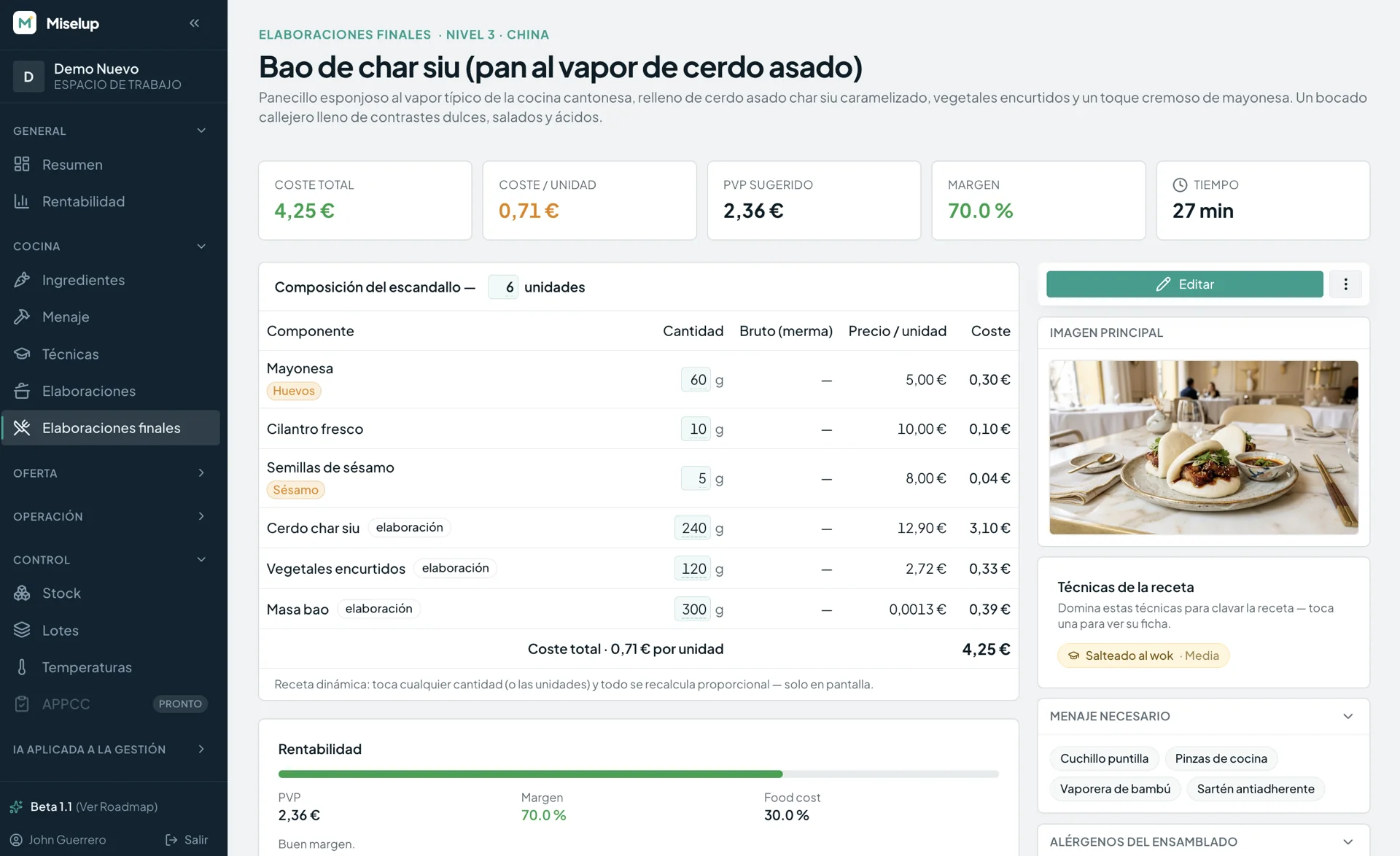 Ficha de una elaboración final en Miselup, con la composición del escandallo componente a componente y los indicadores de costo total, costo por unidad, PVP sugerido, margen y tiempo