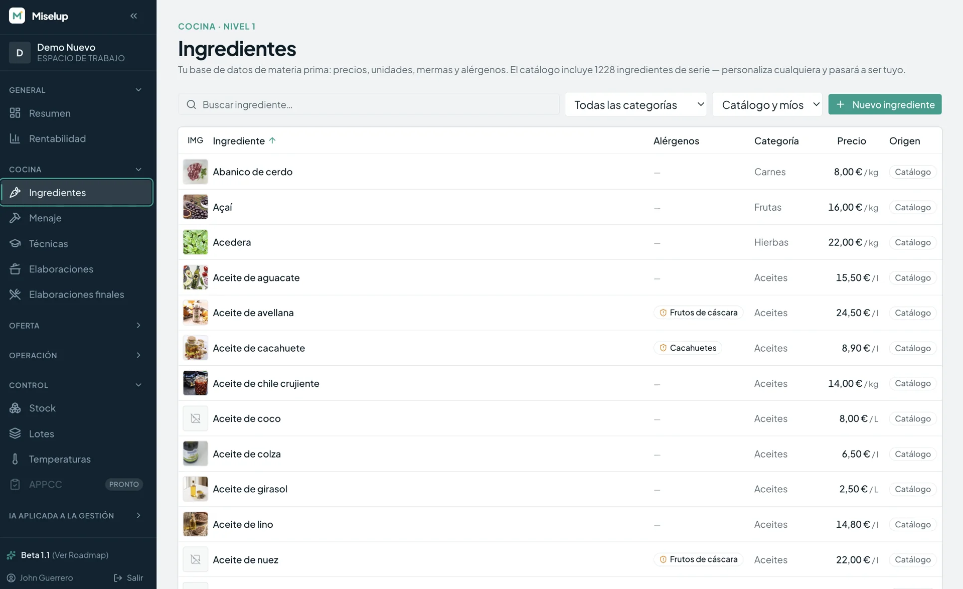 Listado de ingredientes en Miselup con imagen, alérgenos declarados, categoría, precio por kilo o litro y origen de catálogo